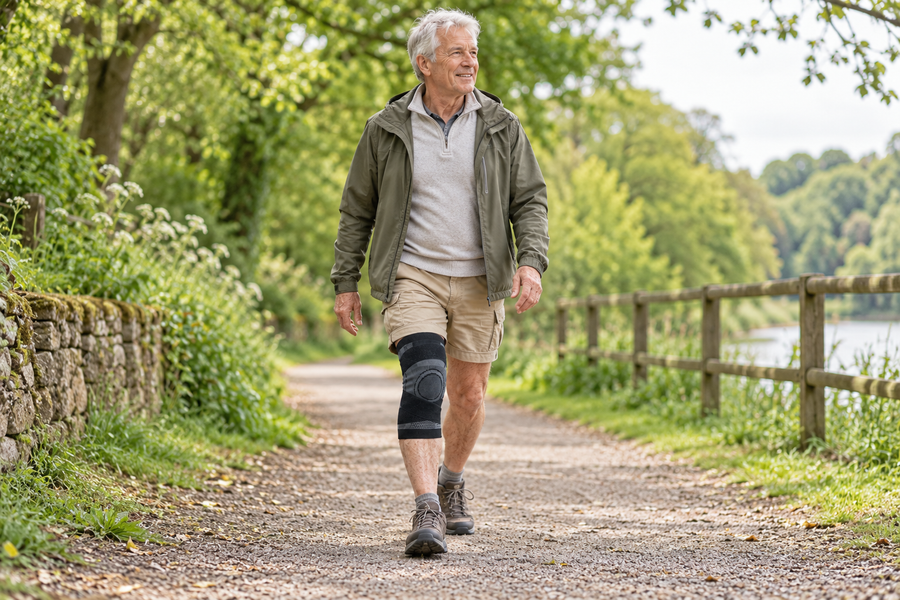 Older man walking outdoors while wearing a black knee sleeve