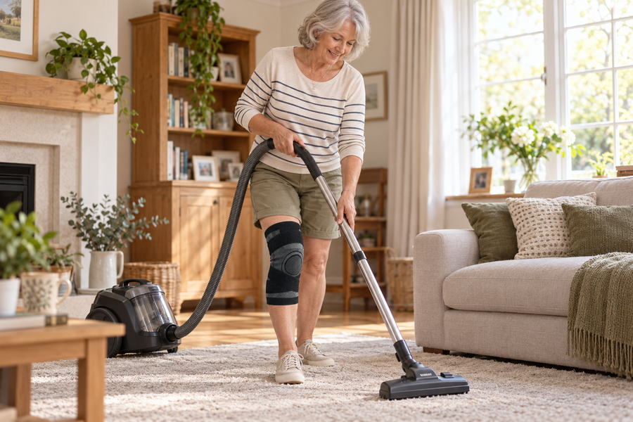 Older woman vacuuming at home while wearing a black knee sleeve